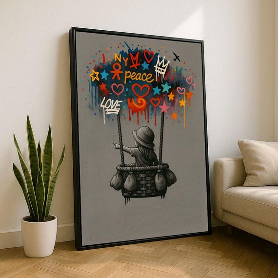 Playful Child Hot Air Balloon Graffiti Love Peace Gray Pop Art Poster