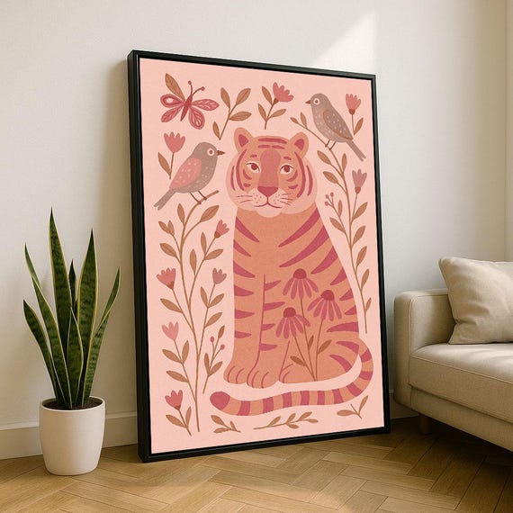 Playful Tiger And Birds Folk Art Canvas Wall Print Pink Brown Nursery Decor Ready To Hang