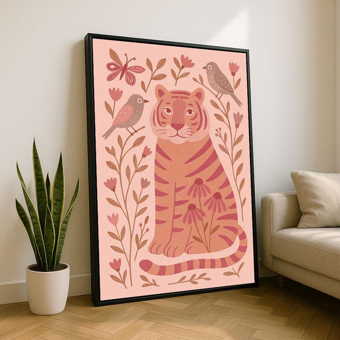 Playful Tiger And Birds Folk Art Canvas Wall Print Pink Brown Nursery Decor Ready To Hang