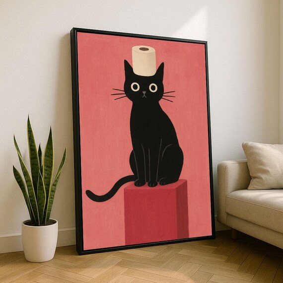 Funny Black Cat with Toilet Paper Roll Quirky Pink Art Poster