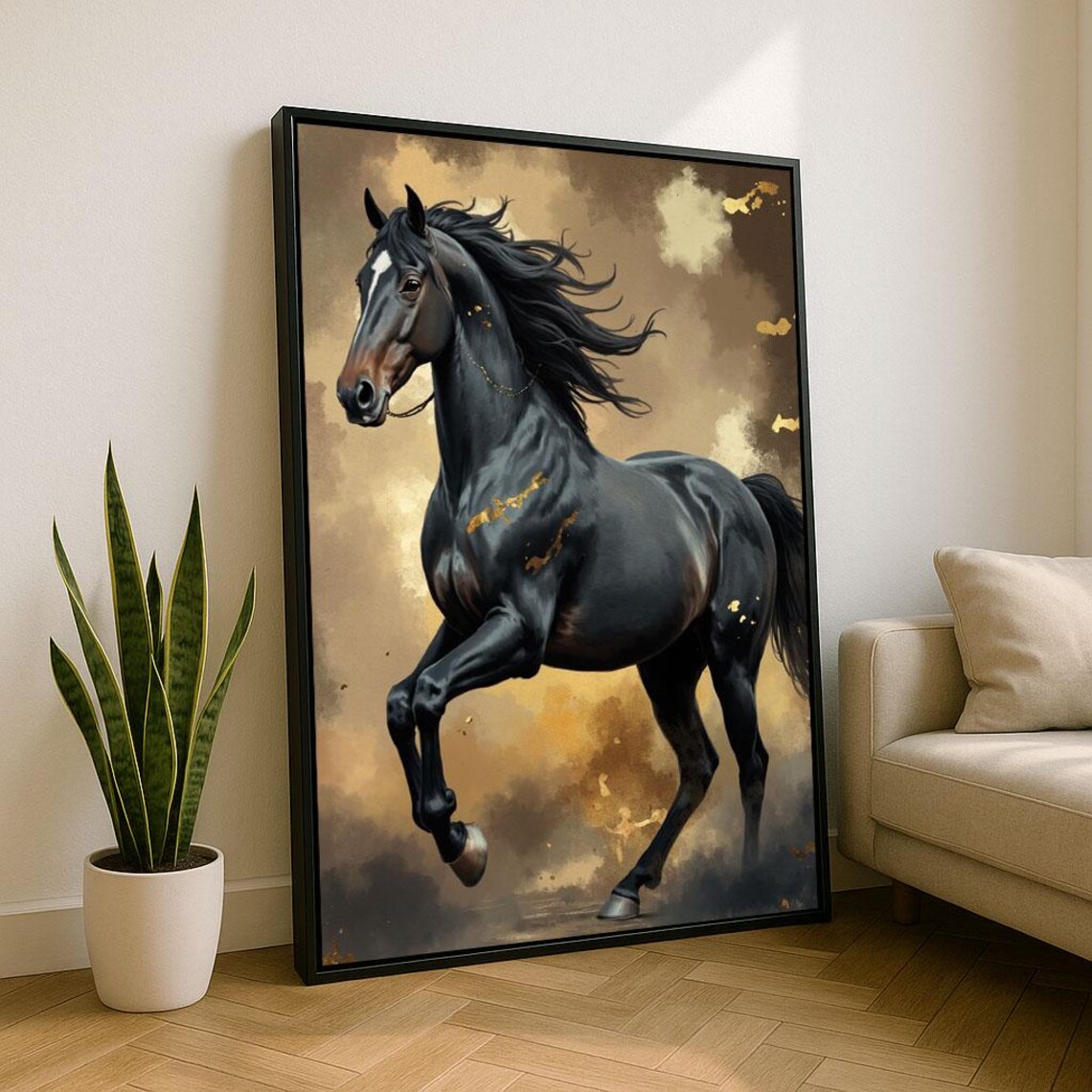Black Stallion Running Golden Sky Painting Majestic Wild Horse Art Poster