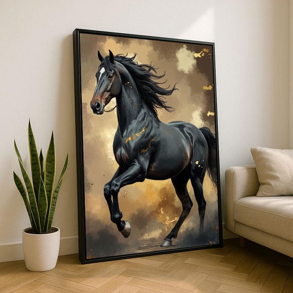 Majestic Black Stallion Canvas Wall Art Print Bold Living Room Decor Statement Piece
