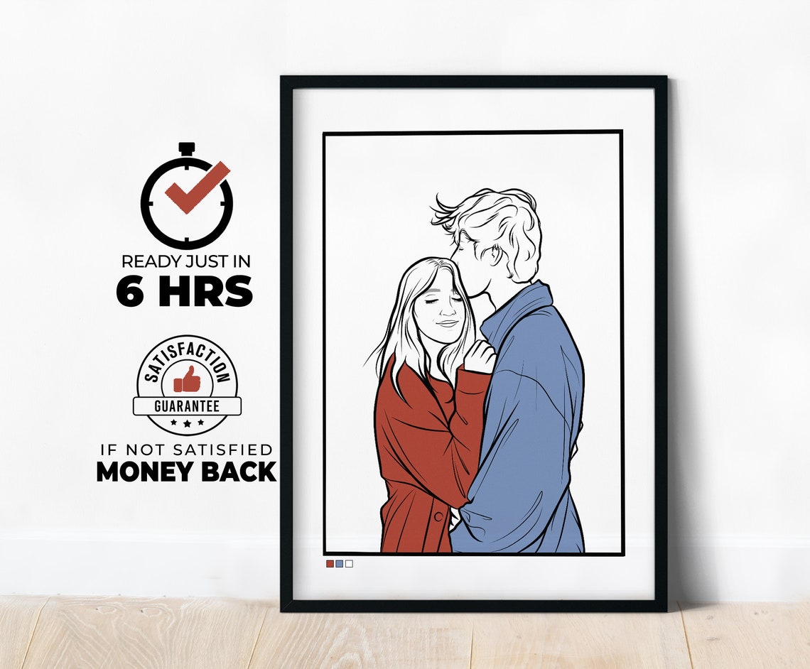 Embracing Couple Faceless Line Art Rust and Blue Custom Poster
