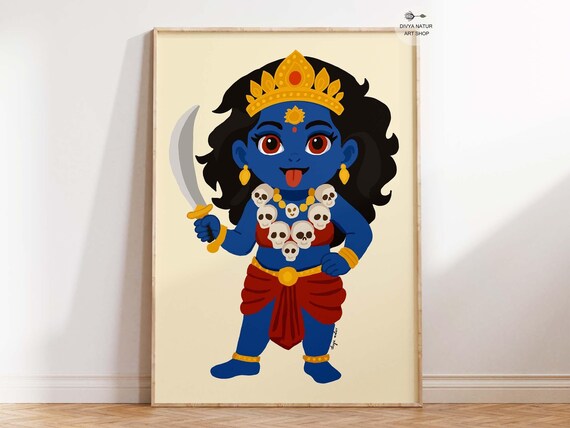 Fierce Baby Goddess Kali Holding Sword Cute Hindu Devi Art Poster
