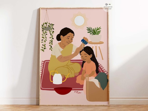 Grandmother Oiling Granddaughter Hair Nostalgic Family Art Print