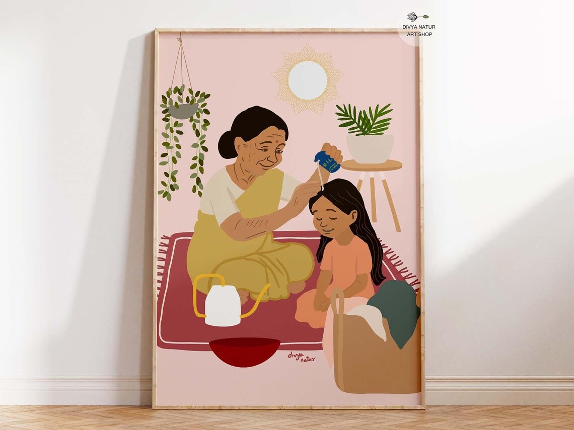 Grandmother Oiling Granddaughter Hair Nostalgic Family Art Print