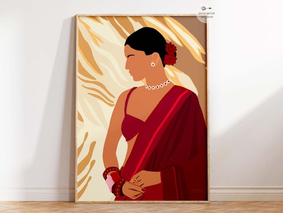 Woman In Red Saree With Roses Modern Indian Portrait Art Poster