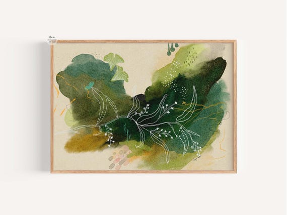 Green Botanical Watercolor Print Abstract Floral Wall Art
