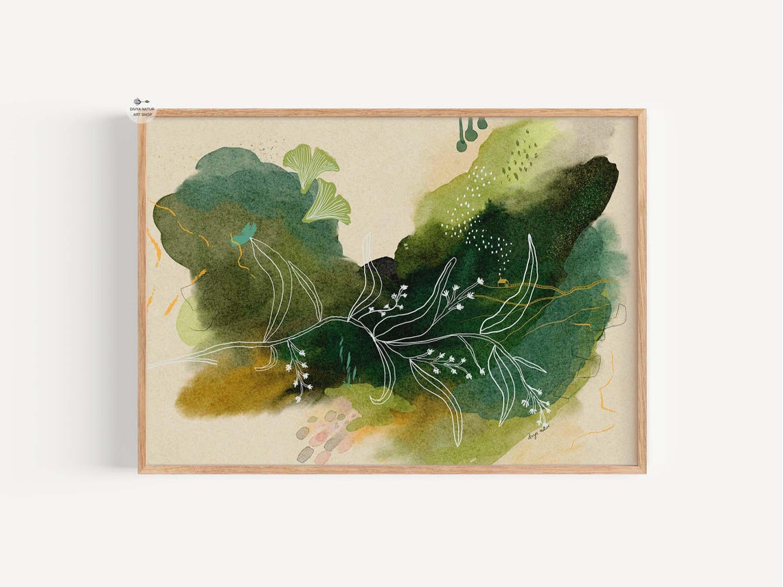 Green Botanical Abstract Watercolor Leaf Washes Modern Art Print