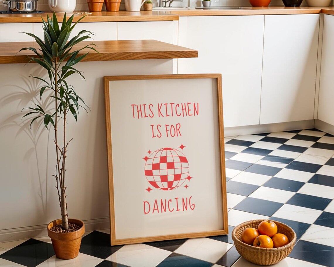 This Kitchen Is For Dancing Retro Red Disco Ball Typography Poster