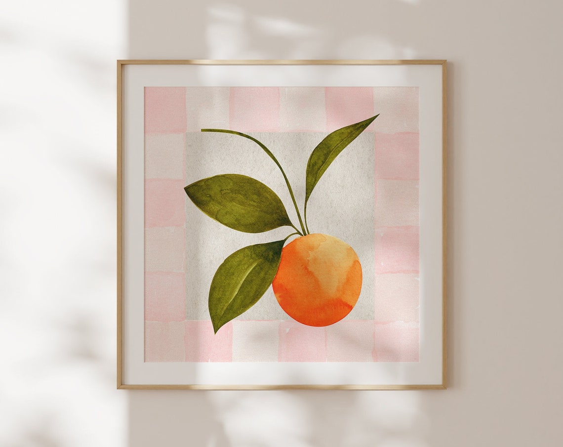 Watercolor Orange Fruit with Green Leaves on Pink Check Poster