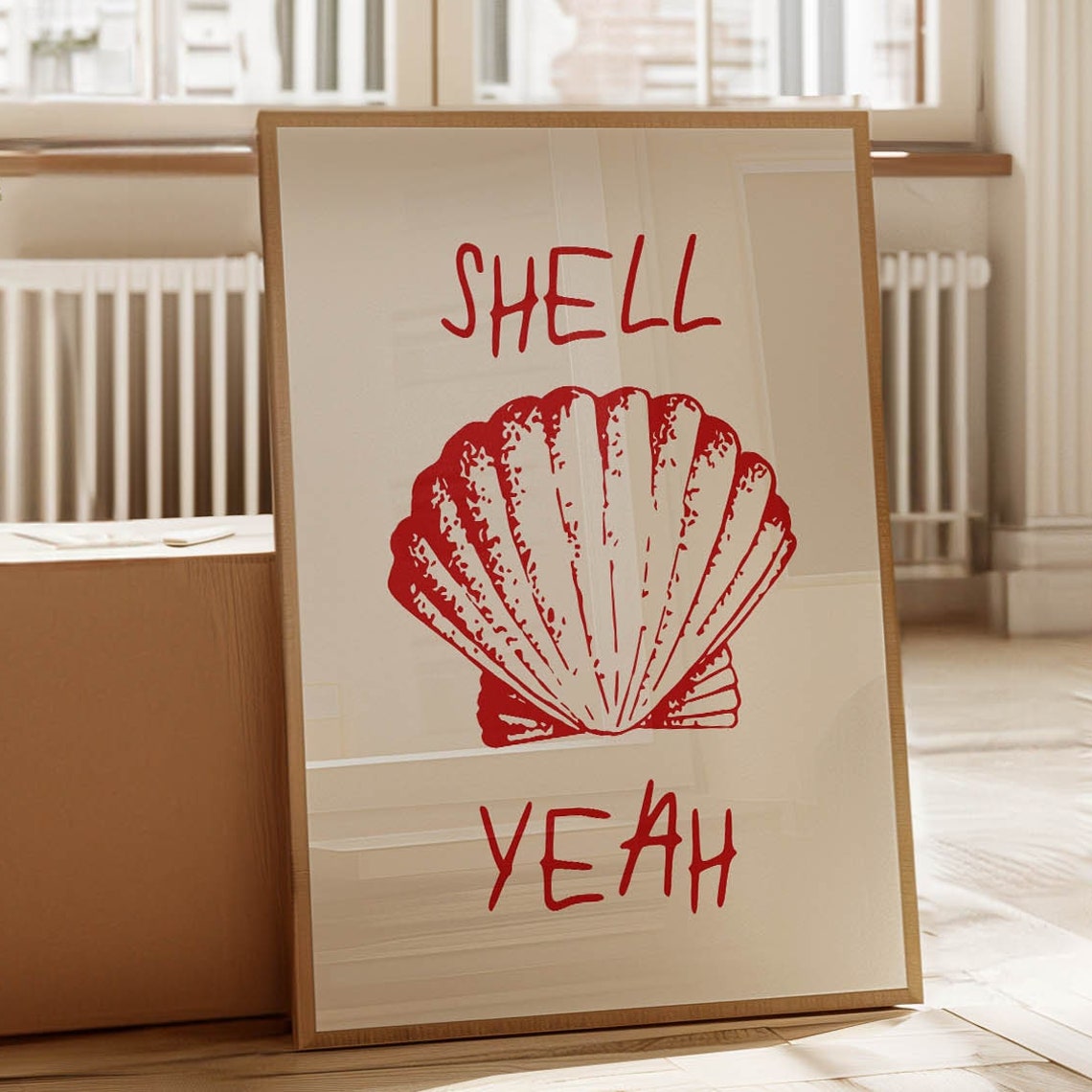 Shell Yeah Red Scallop Shell Beach Quote Kitchen Decor Poster