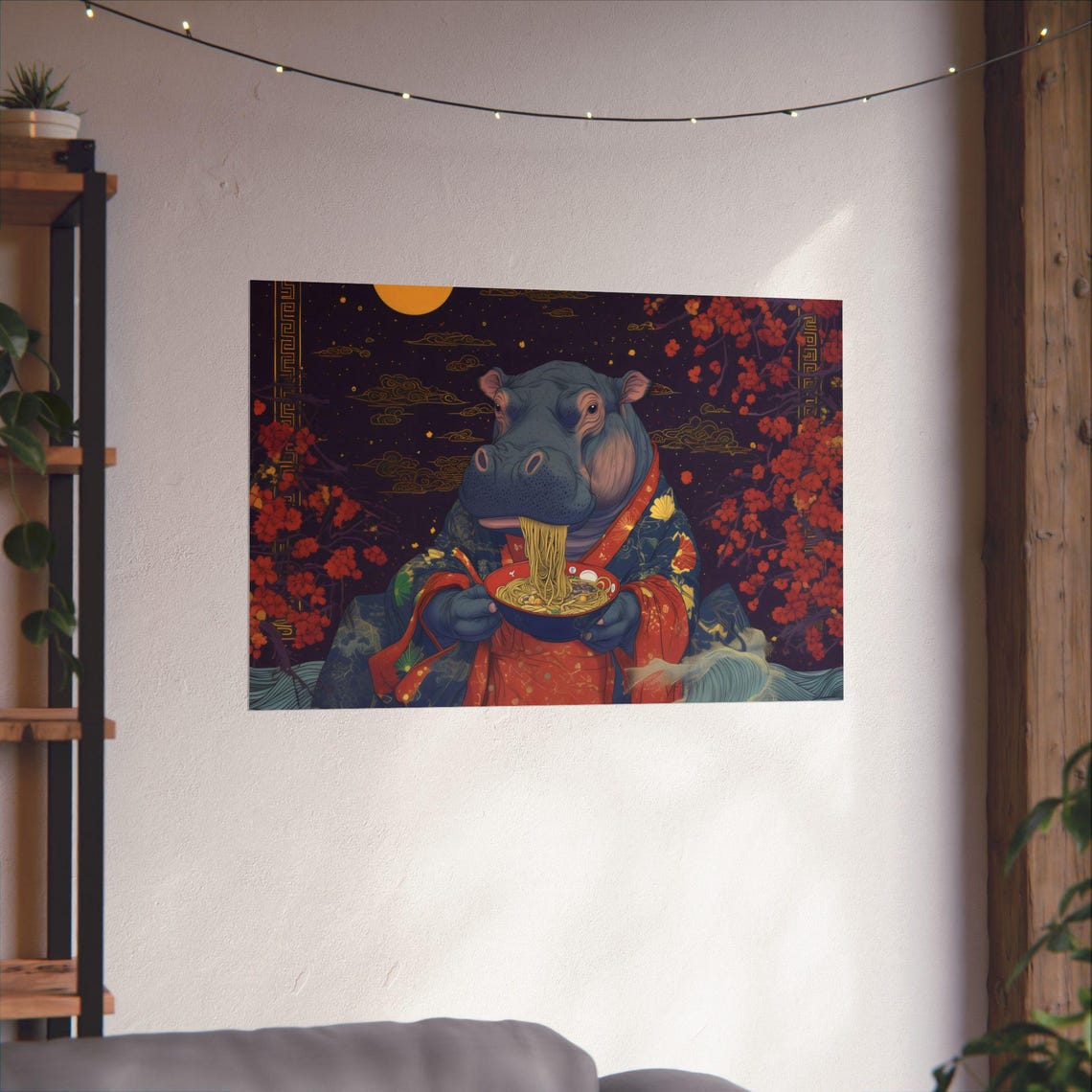 Japanese Style Hippo Slurping Ramen Under Bright Moonlight Poster - Image 3