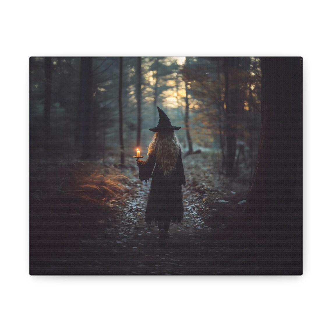 Witch with a Candle Walking into a Dark Autumn Forest Gothic Halloween Poster - Image 2