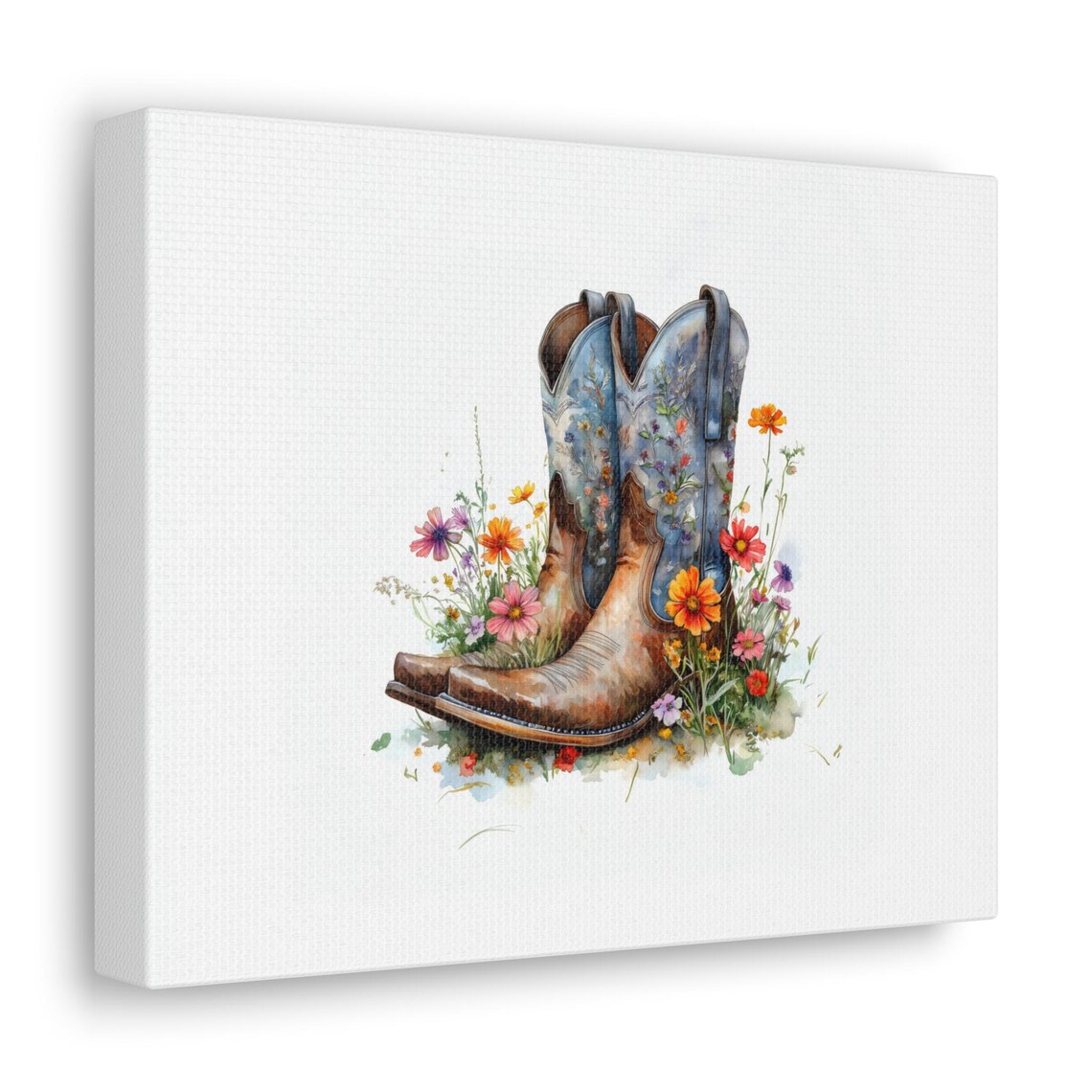Blue Floral Cowboy Boots Wildflowers Watercolor Western Poster