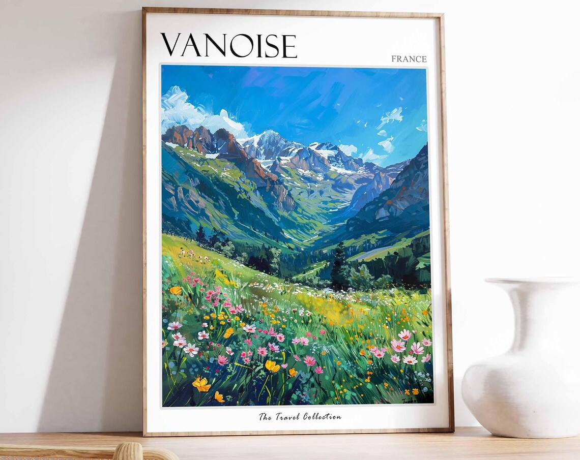 Vanoise France Snowy Peaks Meadow Flowers Painting Travel Poster