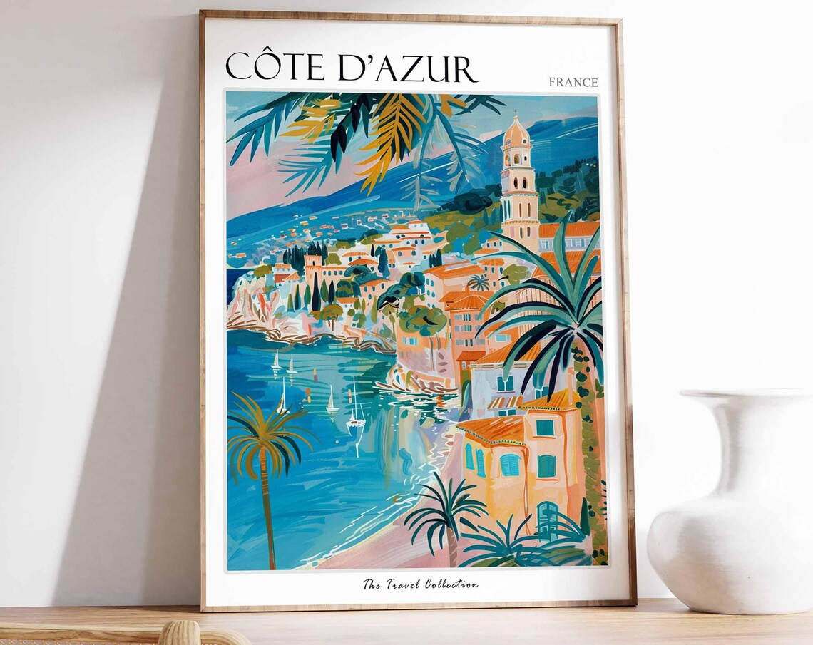Cote d Azur France Riviera Coastal Town Painted Travel Poster