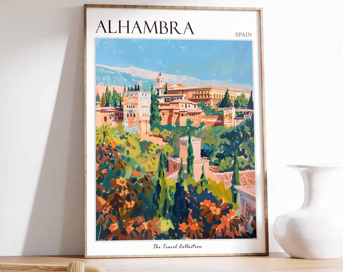Alhambra Spain Palace Facade Cypress Gardens Painted Travel Poster