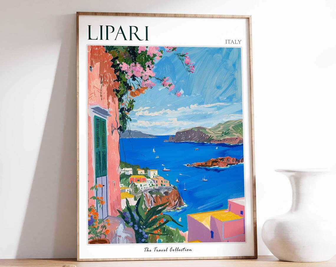 Lipari Italy Pink House Blue Harbor View Flowers Travel Poster