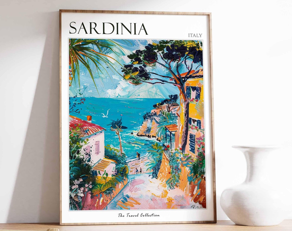 Sardinia Italy Coastal Village Cliffs Sea Colorful Travel Poster