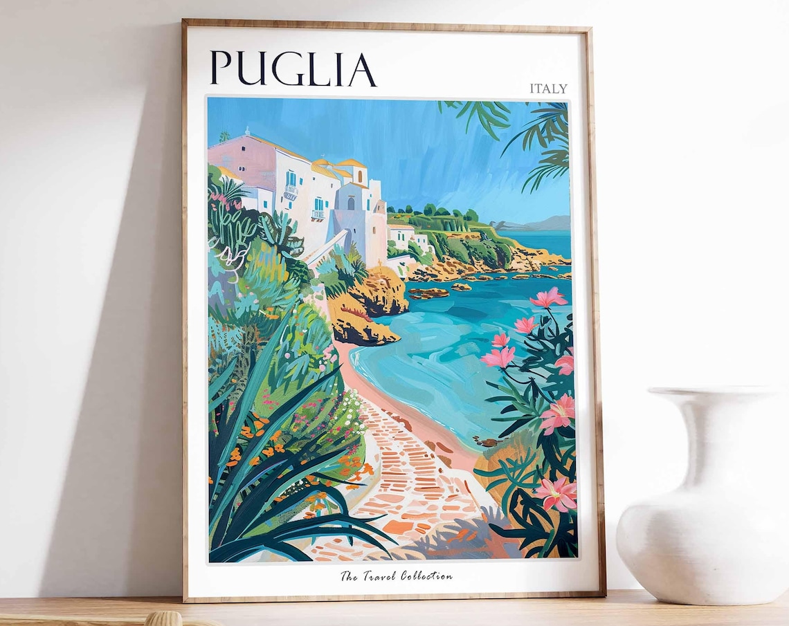 Puglia Italy White Cliffside Village Turquoise Cove Travel Poster