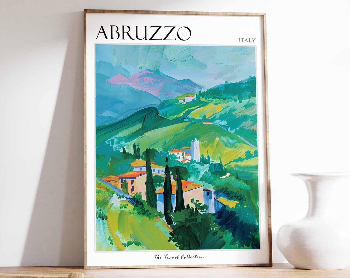 Abruzzo Italy Rolling Green Hills Village Church Travel Poster