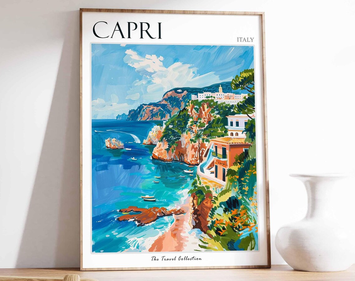 Capri Italy Colorful Coastline Cliffs Painting Travel Poster