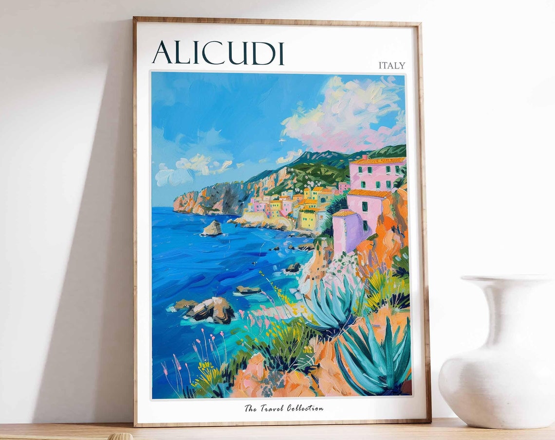 Alicudi Italy Cliffside Village Turquoise Sea Summer Travel Poster