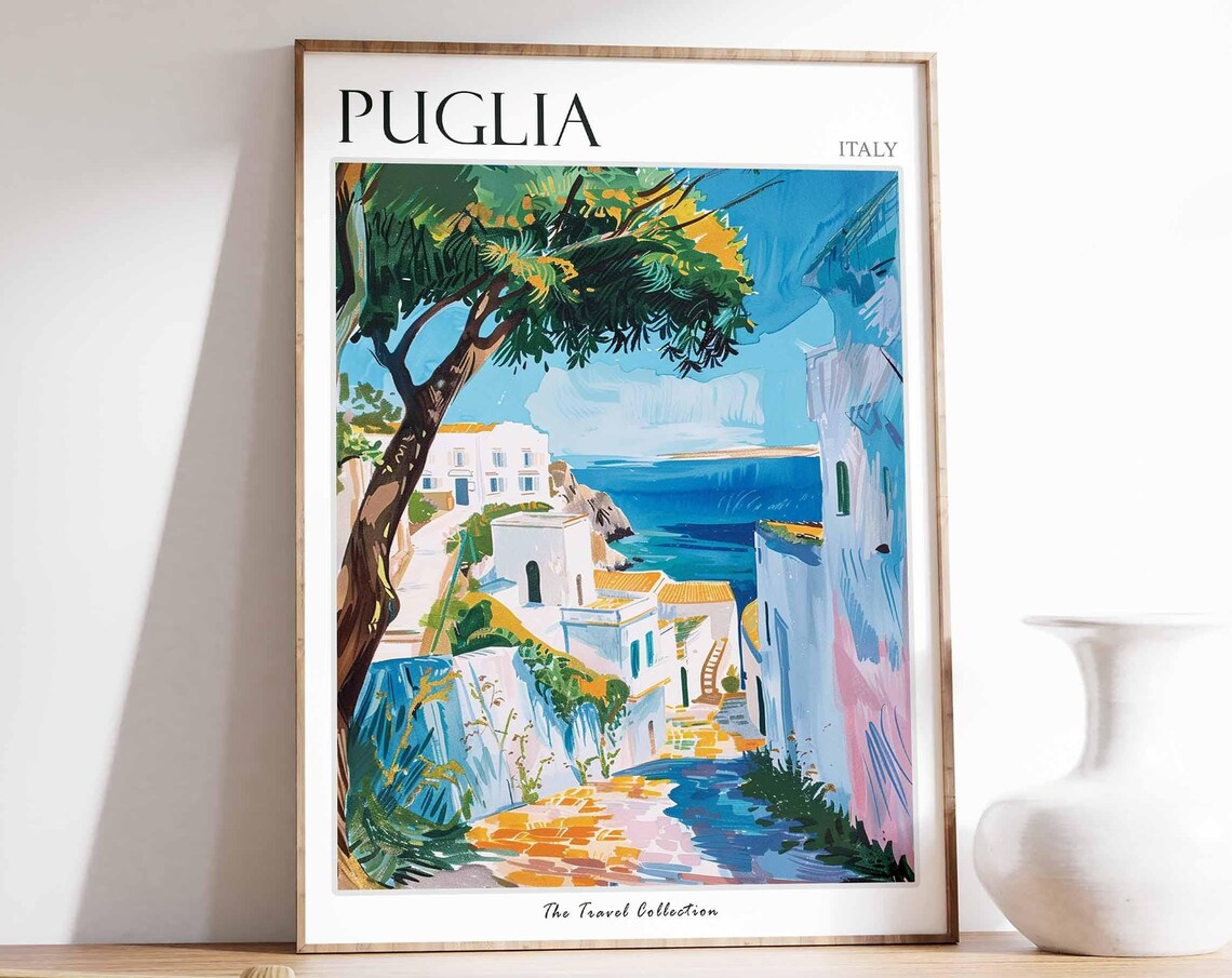 Puglia Italy White Village Cobbled Street Sea View Scenic Poster
