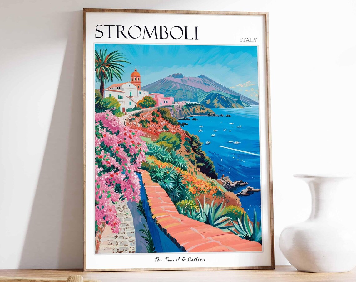 Stromboli Italy Bougainvillea Path Travel Poster with Church Tower