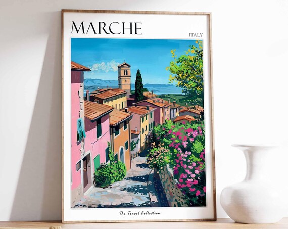 Marche Italy Charming Hilltop Village Vintage Travel Art Poster