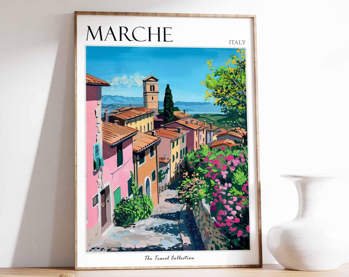 Marche Italy Charming Hilltop Village Vintage Travel Art Poster