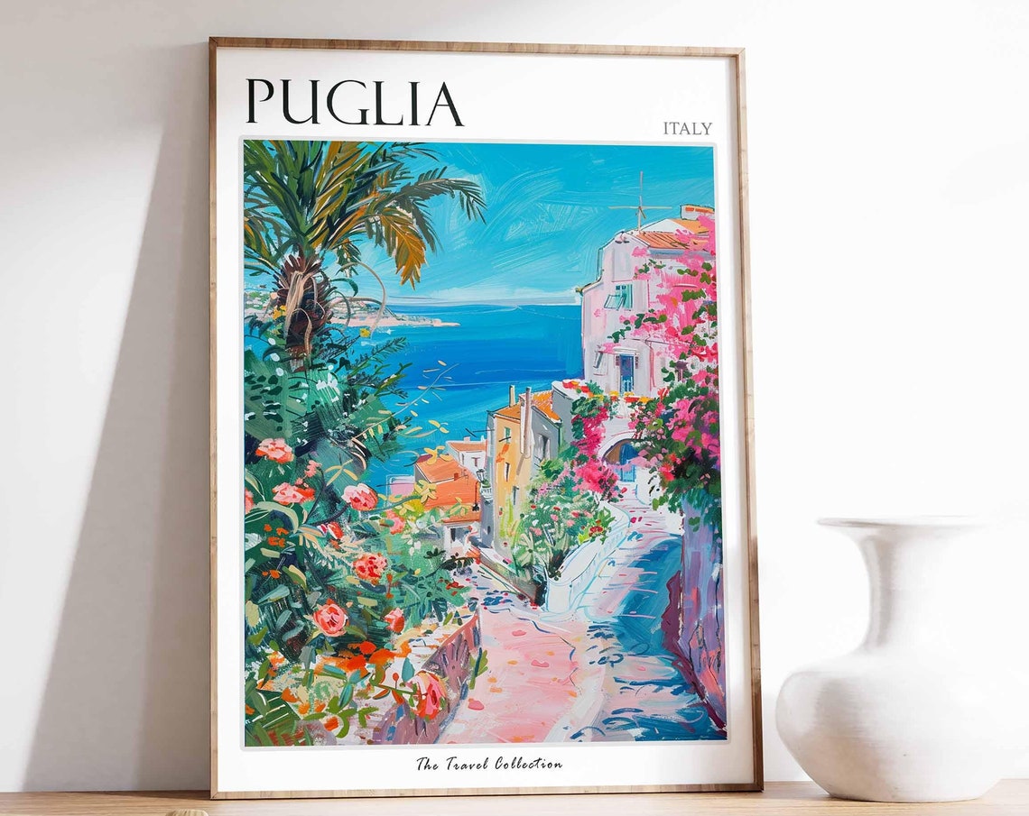 Puglia Italy Blooming Flower Filled Hillside Street Sea View Poster