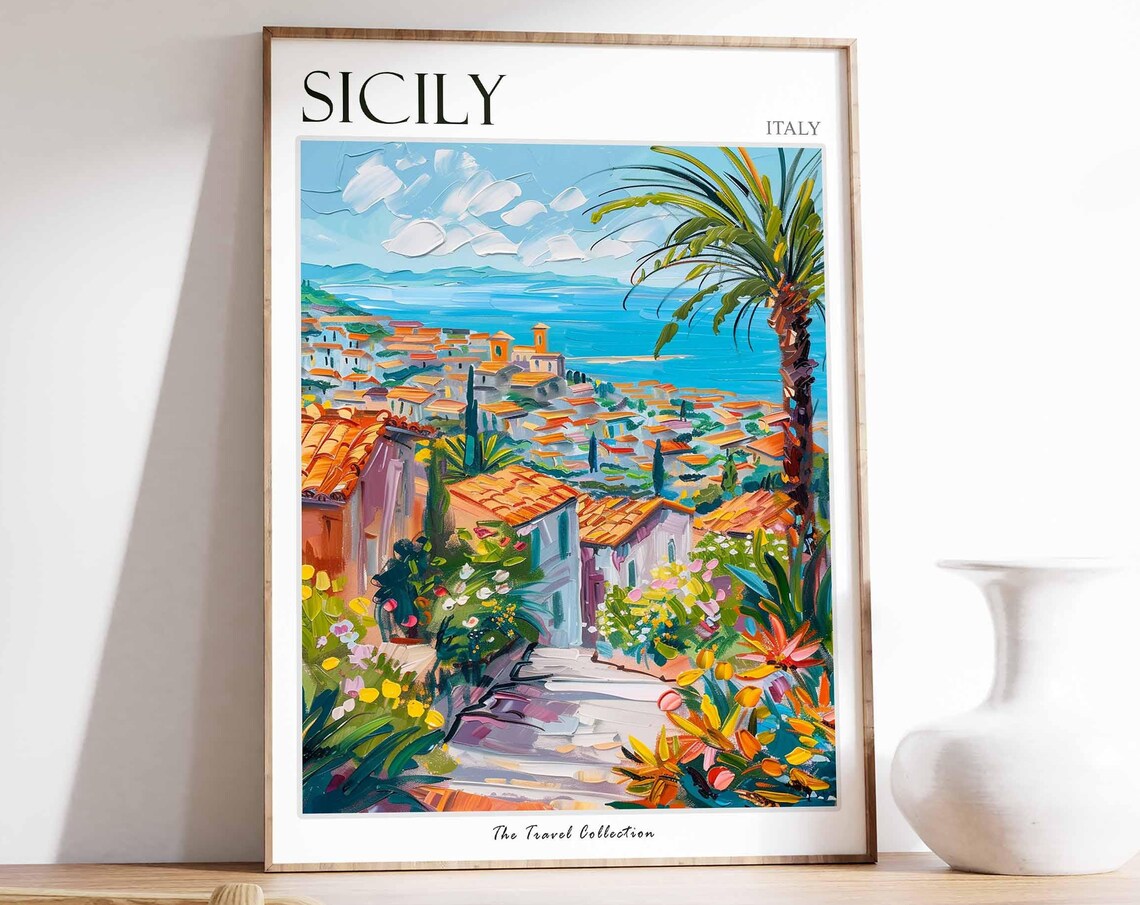 Sicily Italy Colorful Coastal Town Palm Trees Painted Poster