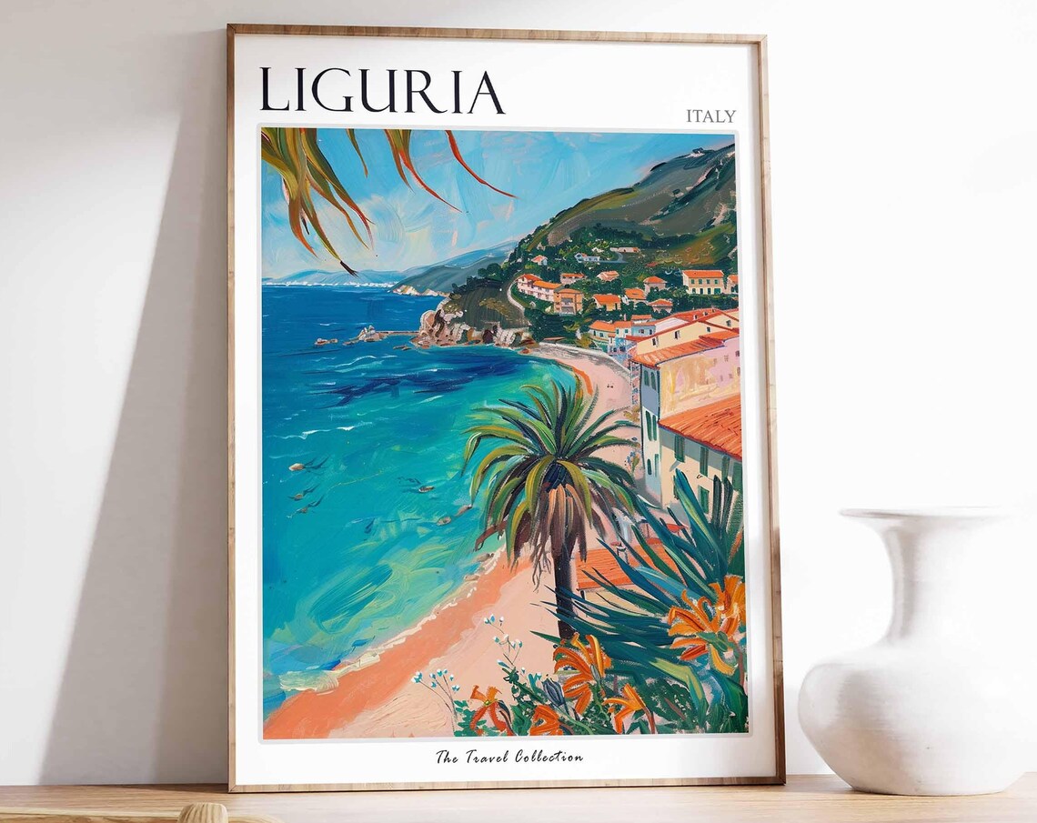 Liguria Italy Turquoise Beach Sea Palm Trees Coastal Travel Poster