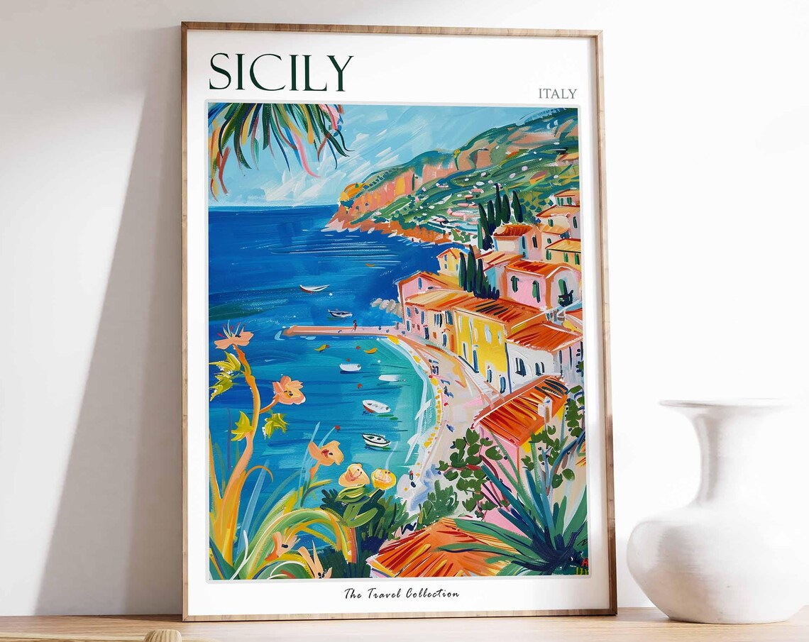 Sicily Italy Coastal Village Cliffs Boats Summer Travel Poster