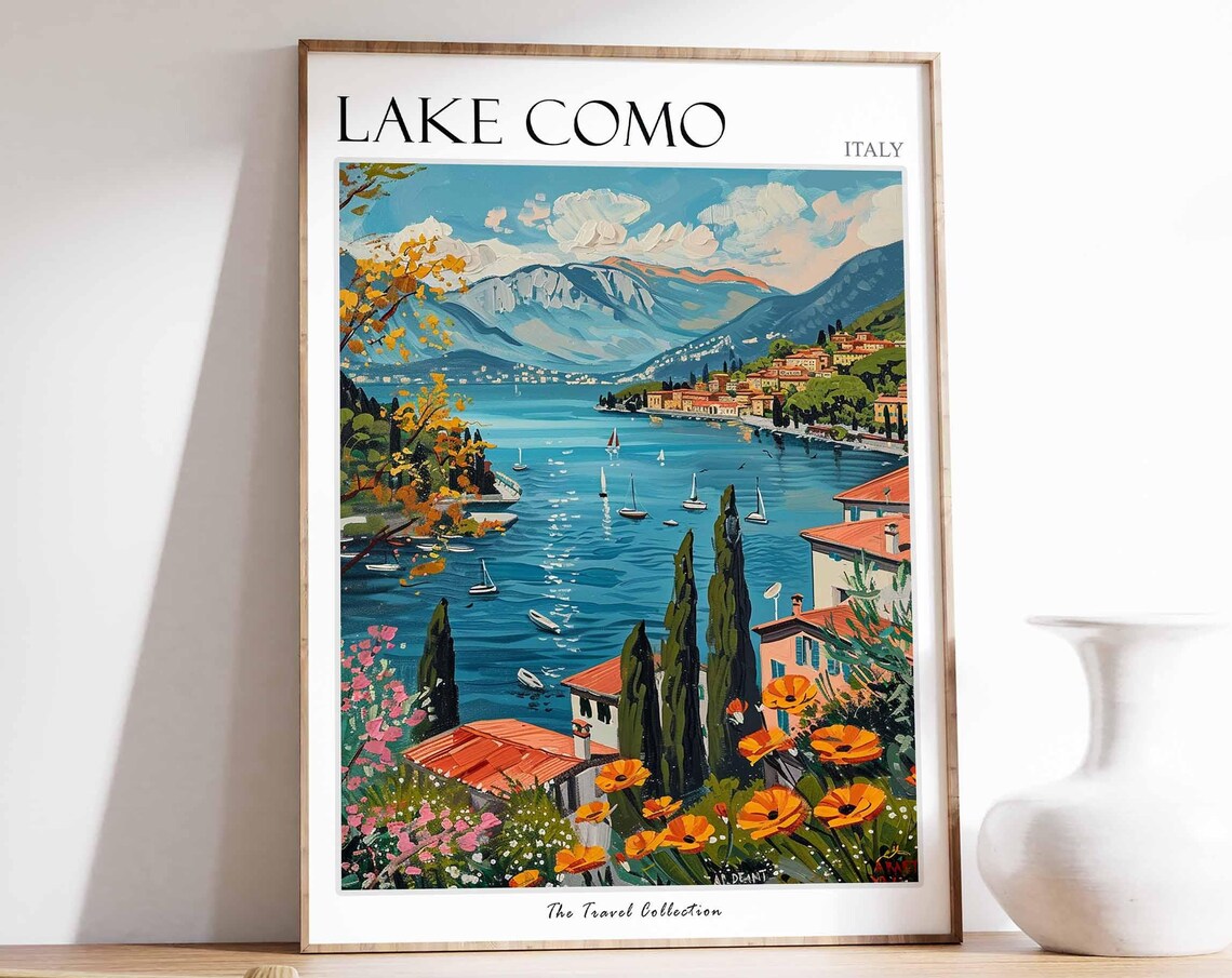 Lake Como Italy Sailboats Cypress Flowers Lakeside Travel Poster