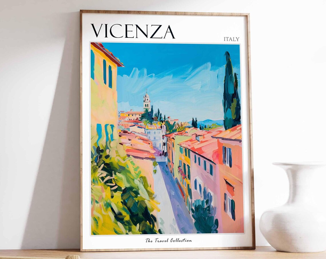 Vicenza Italy Charming Street Bell Tower Watercolor Travel Poster