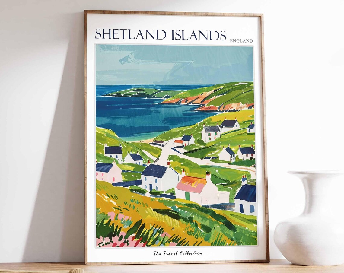 Shetland Islands White Cottages Green Hills Bay Travel Poster