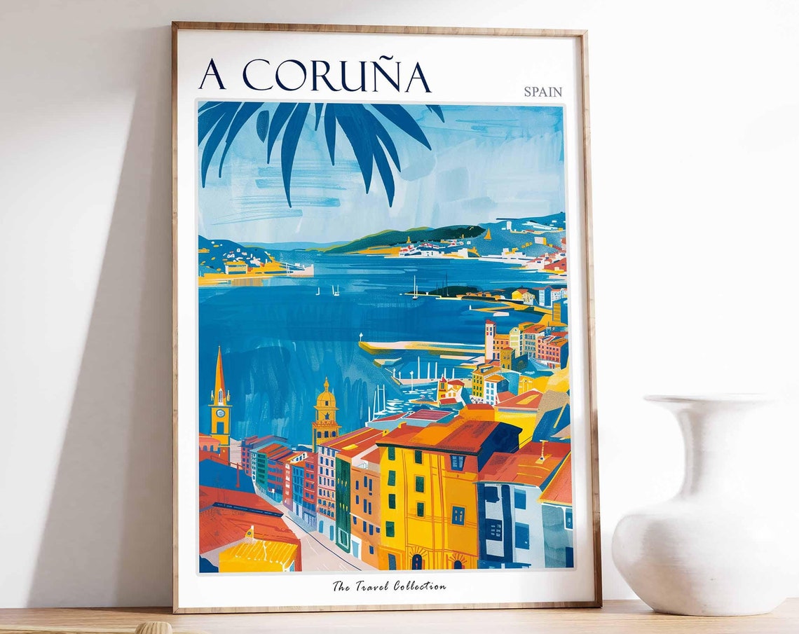A Coruna Spain Harbor Rooftops Sea View Bright Colorful Art Poster