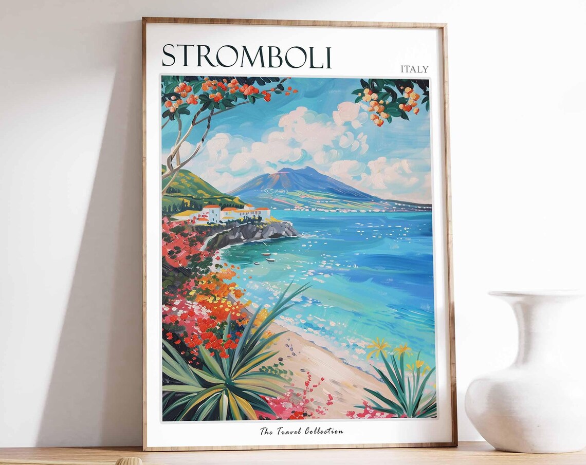 Stromboli Italy Beach Cove Travel Poster with Colorful Wildflowers