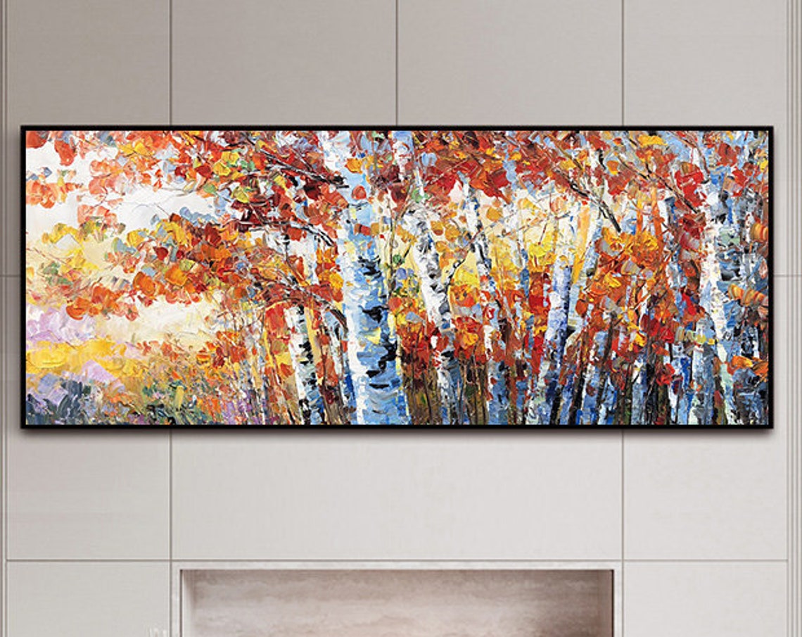 Autumn Birch Forest Red Orange Leaves Textured Impasto Art Poster