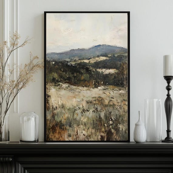 Serene Mountain Art Print Moody Landscape Painting Modern Farmhouse Dark Rustic Muted Earthy Tones Neutral Wall Art Airbnb Rental