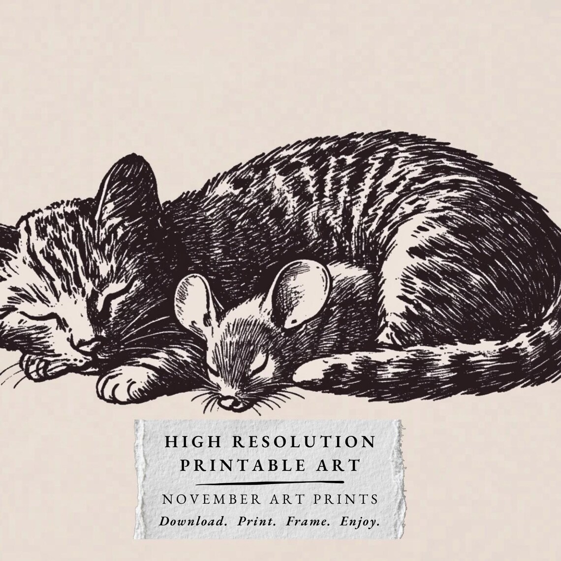 Sleeping Cat And Mouse Antique Ink Sketch Minimalist Bedroom Poster - Image 4