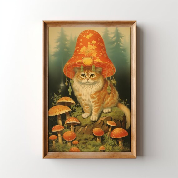 Ginger Cat Wearing a Mushroom Hat in the Forest Funny Poster