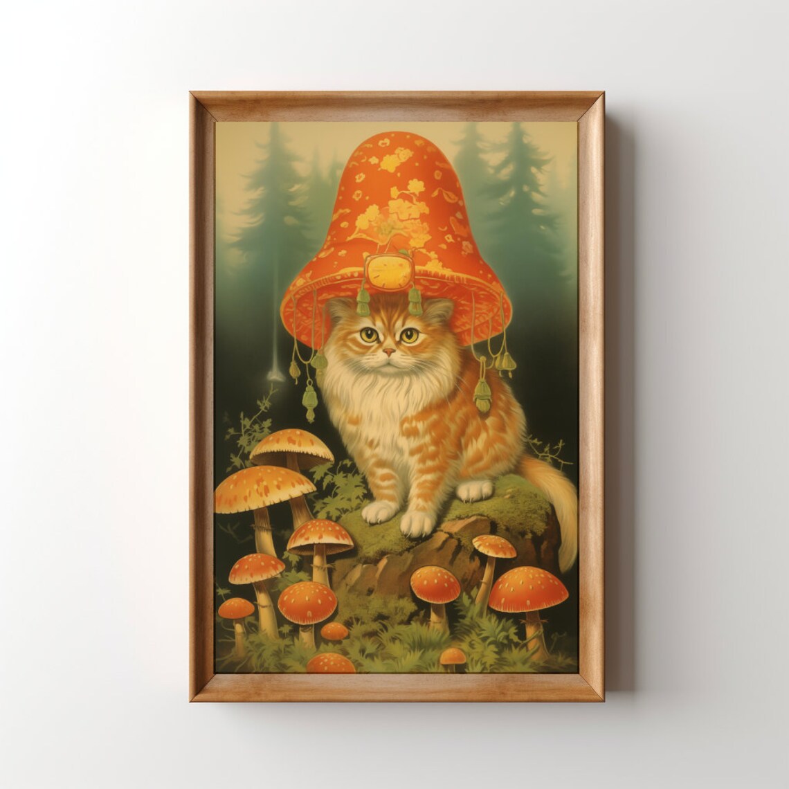 Ginger Cat Wearing a Mushroom Hat in the Forest Funny Poster