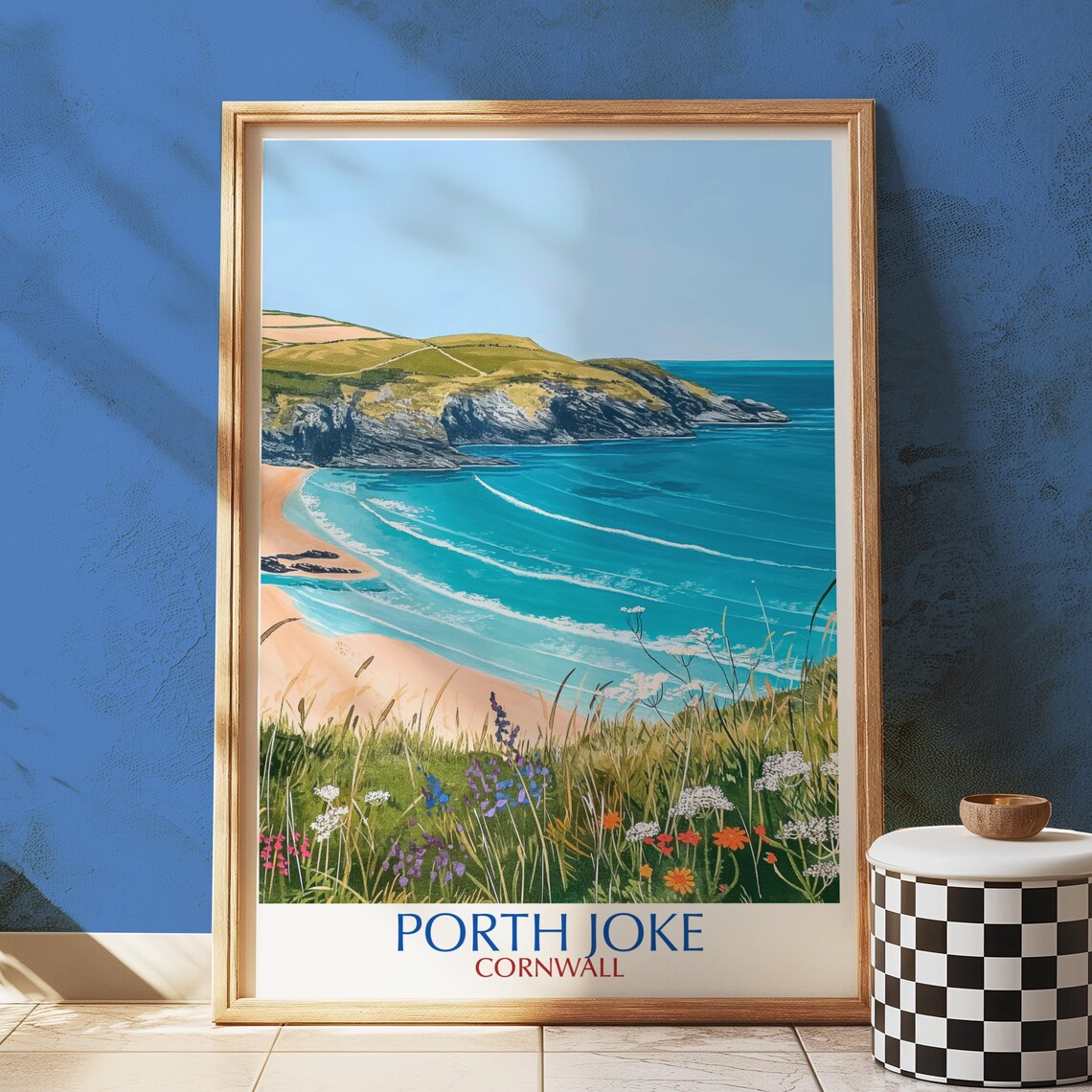 Porth Joke Cornwall Poster Beach Cove Turquoise Waves Wildflowers Artwork