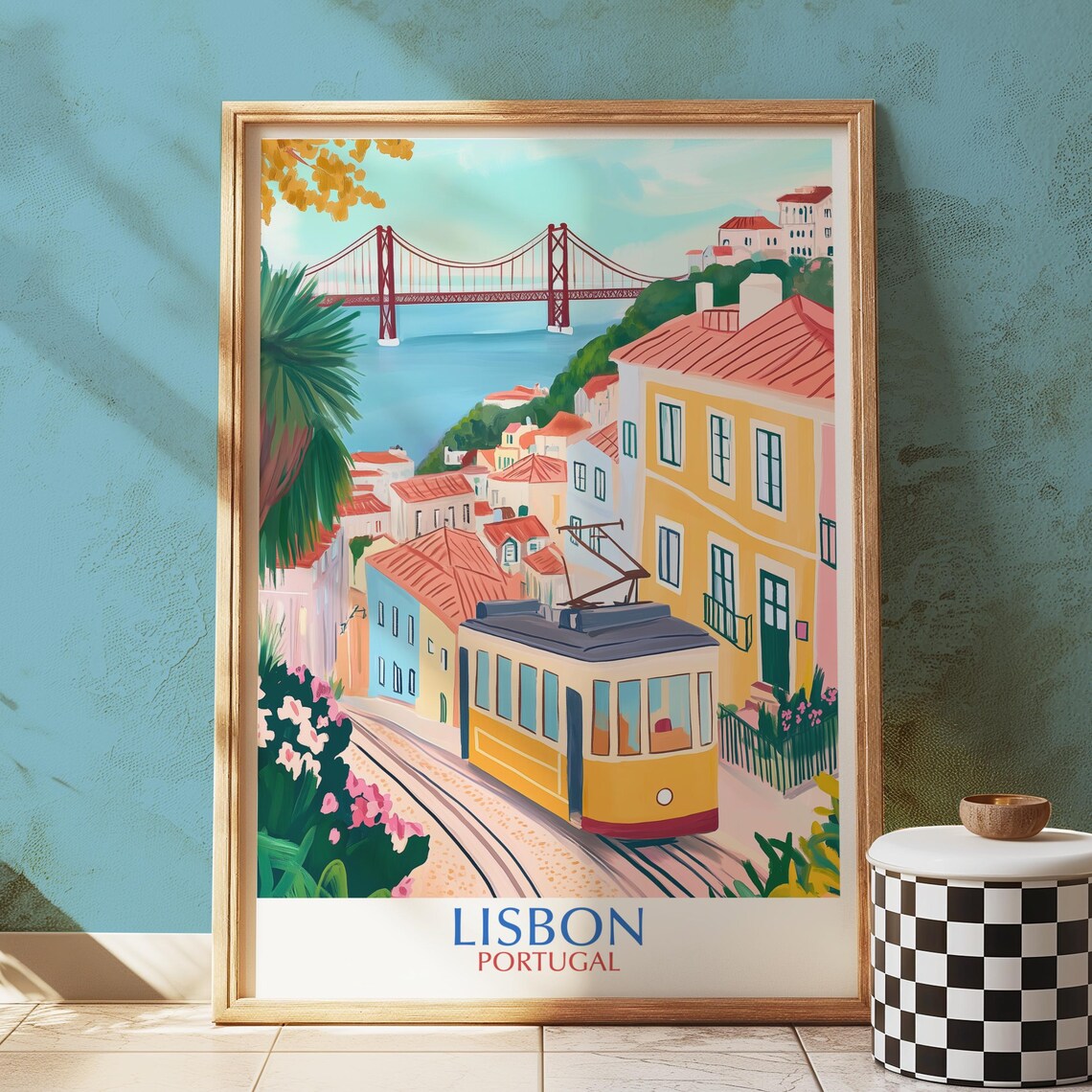 Lisbon Art Print Vintage Portugal Tram Bridge Cityscape