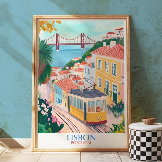 Lisbon Art Print Vintage Portugal Tram Bridge Cityscape
