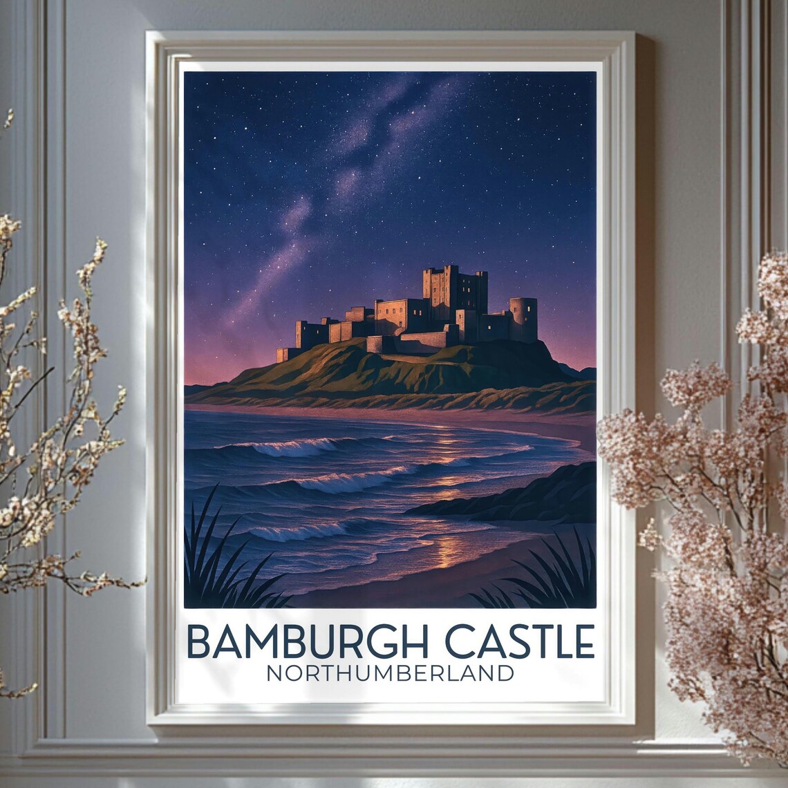 Bamburgh Castle Night Print, Starry Sky Seascape